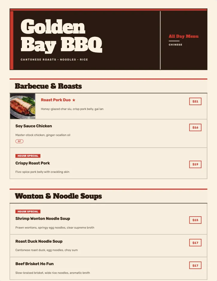 Canton menu template with food photography