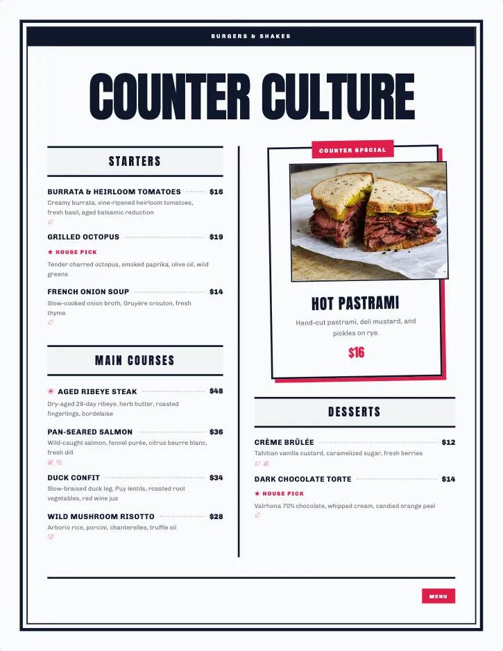 Counter Culture menu template with food photography