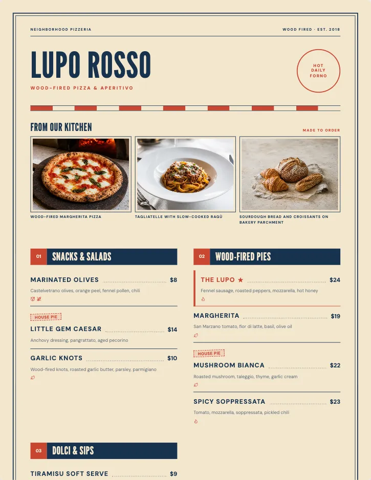 Forno menu template with food photography