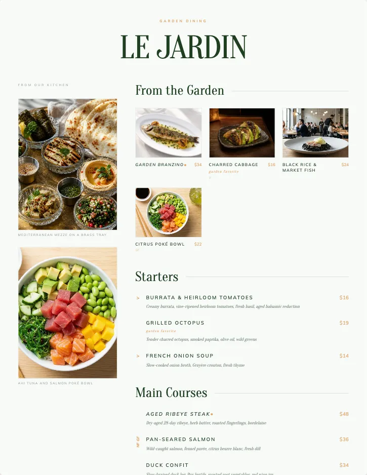 Jardin menu template with food photography