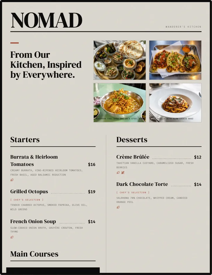 Nomad menu template with food photography