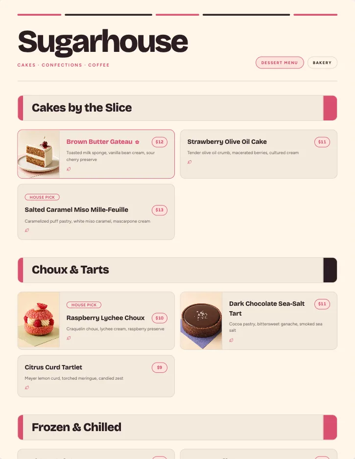 Sugarhouse menu template with food photography