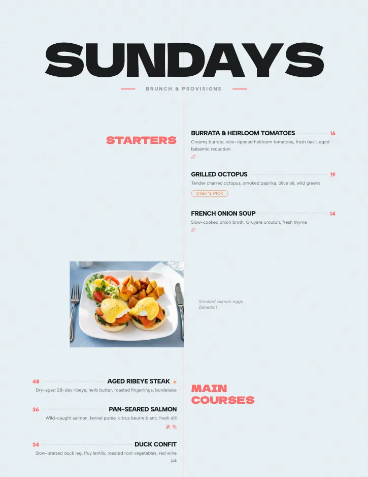 Sundays menu template with food photography